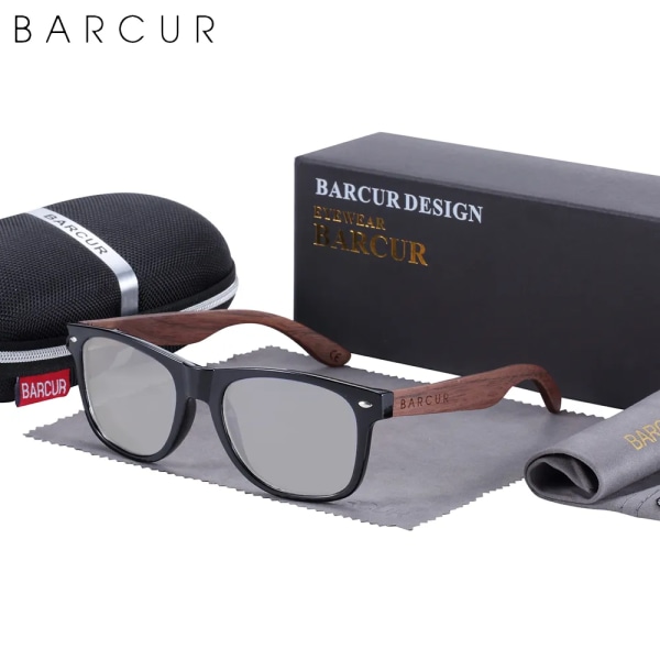 BARCUR Black Walnut Solglasögon Trä Polariserade Solglasögon Herr Glasögon Herr UV400 Skyddsglasögon Original Träkartong Silver zipper box BARCUR Polarized