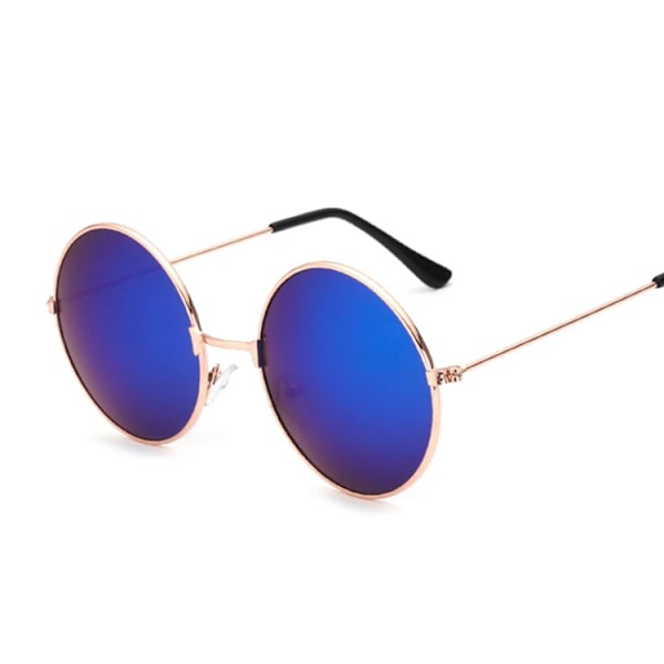 Vintage små runda solglasögon Kvinna Märke Designer Solglasögon Kvinnlig Legering Färgglad Spegel Retro Svart Circle Oculos De Sol GoldBlue
