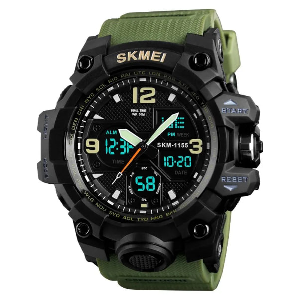 Skmei Fashion Bakljus Stötsäkra sportklockor Herr 5bar Vattentät 2 Time Chrono Digitala Armbandsur Man Reloj Hombre army green