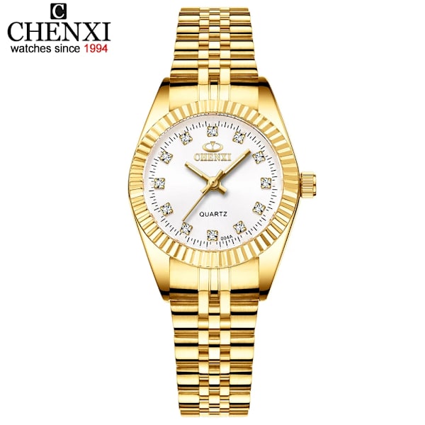 CHENXI Luxury Style Watch i rostfritt stål Kvartsklockor Vattentät Diamant Kvinna Armbandsur Mode Elegant Damklocka 004A Gold White