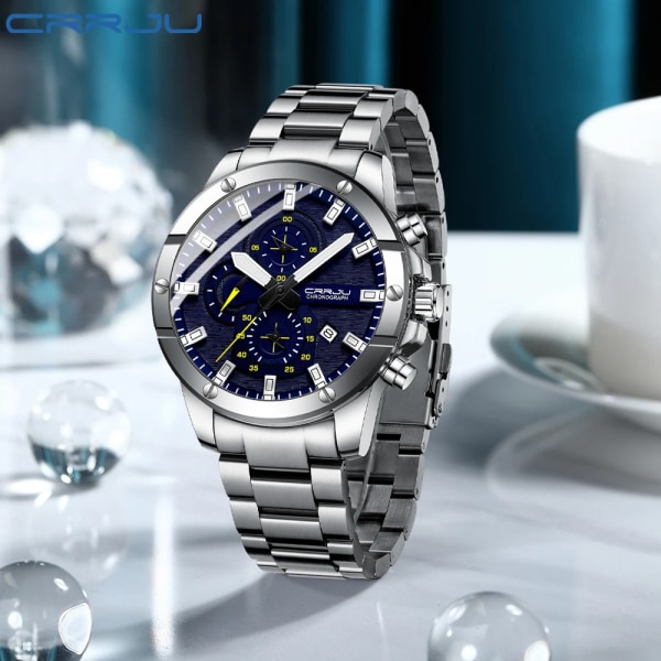 CRRJU Watch NYA Quartz Big Watches Full Steel Vattentät Chronograph Armbandsur för män Relogio Masculino silver black box