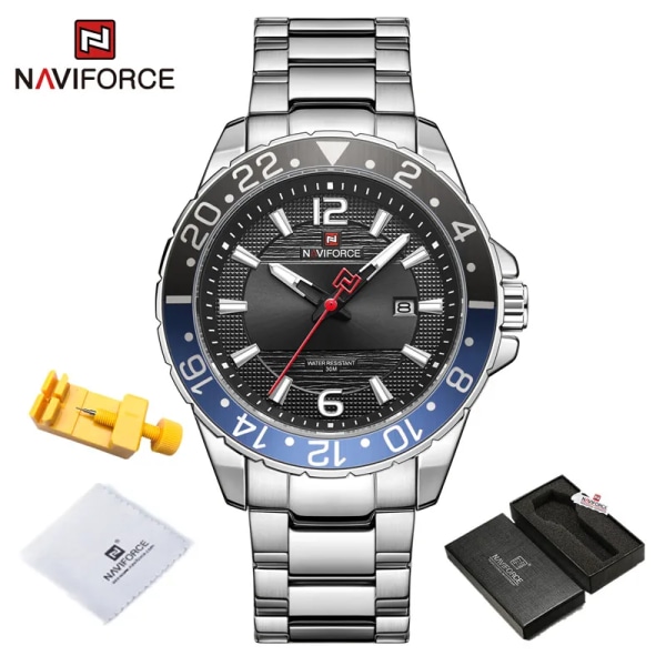 Naviforce Casual Märke Watch Watch i rostfritt stål för män Kvarts datumklocka med lysande visare Relogio Masculino SSB-BOX