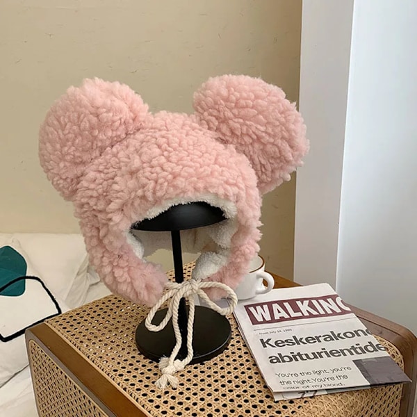 Vintermössa för kvinnor, trendig enfärgad beanie med söta björnöron, varm mössa, vindtät keps med öronlappar, mössa i lammull, present till kvinnor A-khaki 56-58cm
