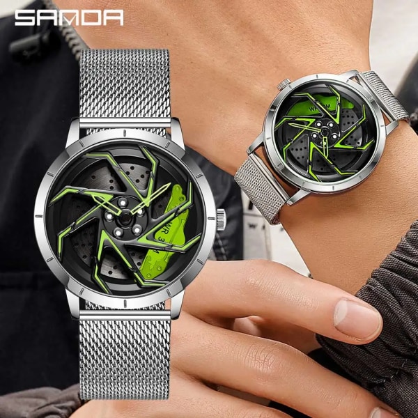 Mode Hot Sell Bilfälg Herr Klockor Rostfritt stål Vattentät watch 360 graders roterande hjul Fälgskiva Quartz Armbandsur leather sr red box(.202)