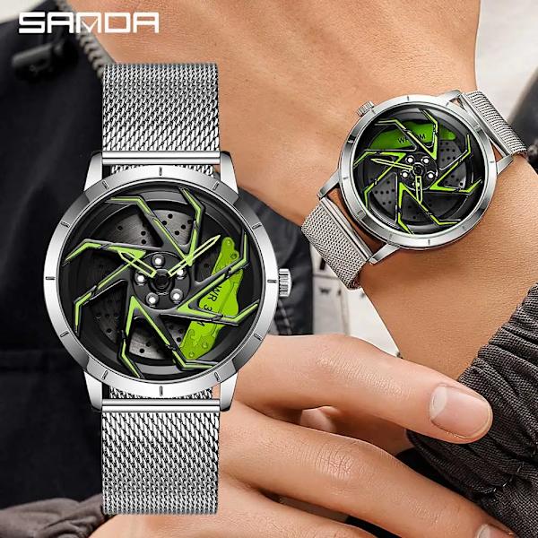 Mode Hot Sell Bilfälg Herr Klockor Rostfritt stål Vattentät watch 360 graders roterande hjul Fälgskiva Quartz Armbandsur Mesh silver red box