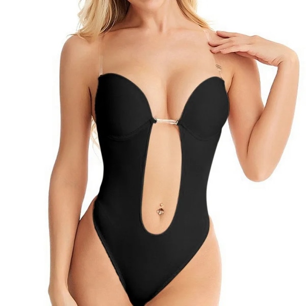 Deep V Body Shaper Body Shapewear Backless Invisible U Plunge Thong Shapers Spets Midja Waist trainer Push Up Korsett Underkläder solid -black S