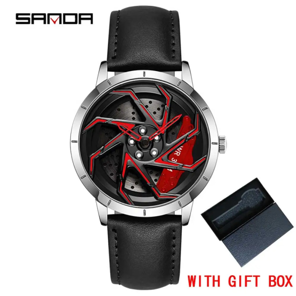 Mode Hot Sell Bilfälg Herr Klockor Rostfritt stål Vattentät watch 360 graders roterande hjul Fälgskiva Quartz Armbandsur leather sr red box(.201)
