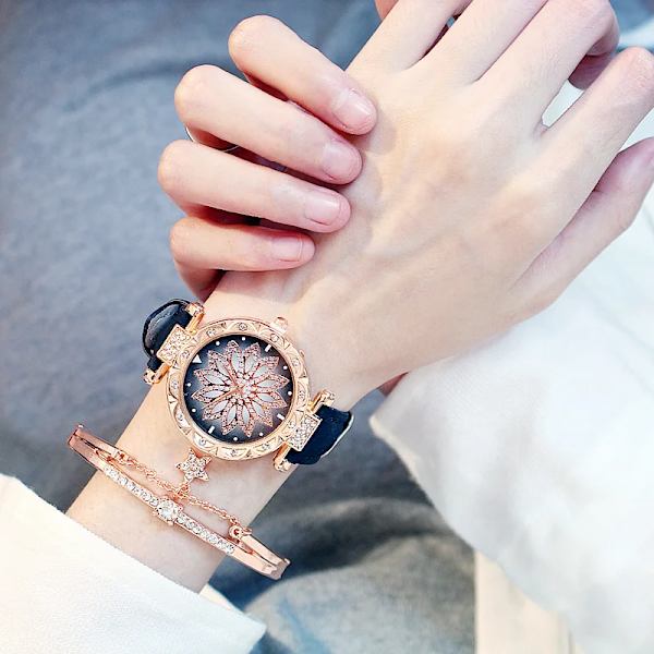 2020 Damklockor Set Starry Sky Watch Casual Läder Sport Quartz Clock Relogio Feminino Blue With Bracelet