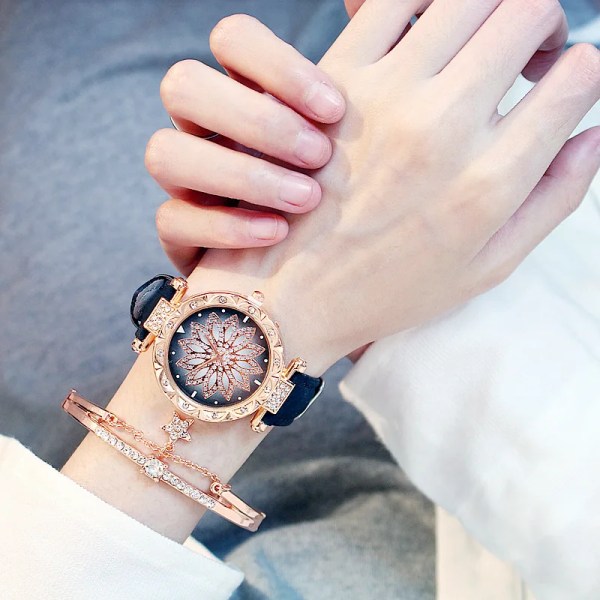 2020 Damklockor Set Starry Sky Watch Casual Läder Sport Quartz Clock Relogio Feminino Red Not Box