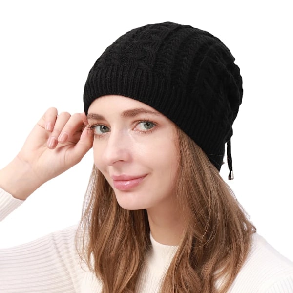 Mode Stretchig Stickad Skullies Beanies Hatt Solid Snood Halsduk Varm Beanie För Kvinnor Höst Vinter Kvinnlig Beanie Mössa New Black One Size