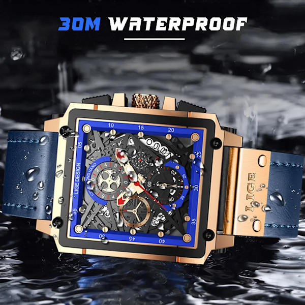 2023 nya LIGE Herrklockor Toppmärke Lyx Hollow Square Watch För män Mode Läderrem Vattentät Quartz Armbandsur Leather black