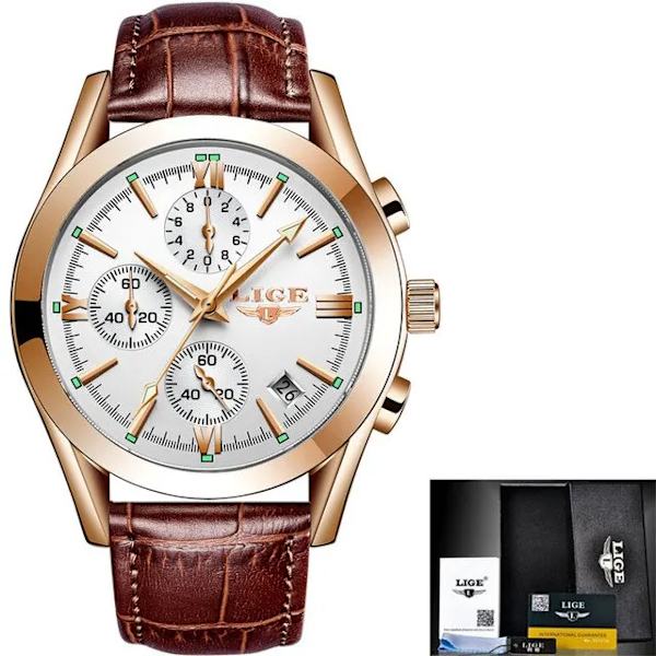 Nytt mode herrklockor Toppmärke Lyx Military Quartz Watch Premium Läder Vattentät Sport Chronograph Watch Herr gold white