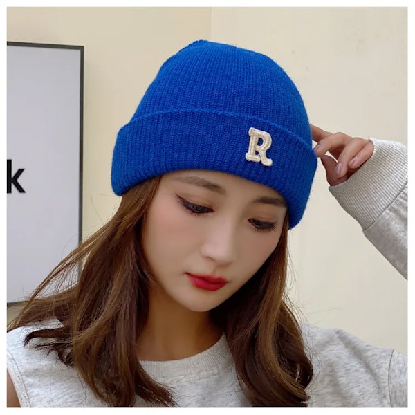 Ny R-bokstav Stickad Mössa för Kvinnor, Höst & Vinter, Trendig Casual Varm Koreansk Mössa blue