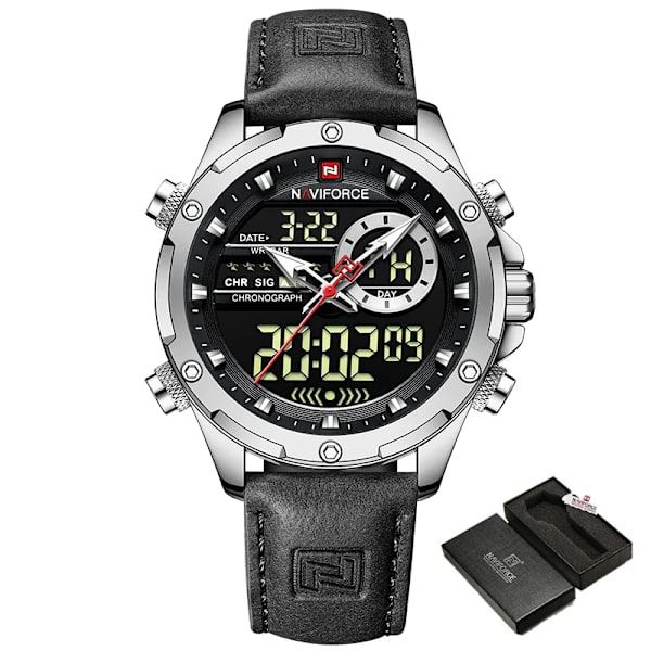 NAVIFORCE Militära klockor för män Mode Sport Kronograf Alarm Armbandsur Vattentät Quartz Big Clock Digital Man Watch S B With Box