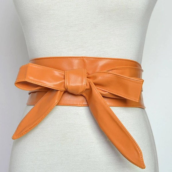 Kvinnor Snörning Pu-läderbälte Nytt Bowknot Bälten Längre Bred Bind Midjeband Slips Rosett Dam Klänning Dekoration Mode 2022 Orange one size