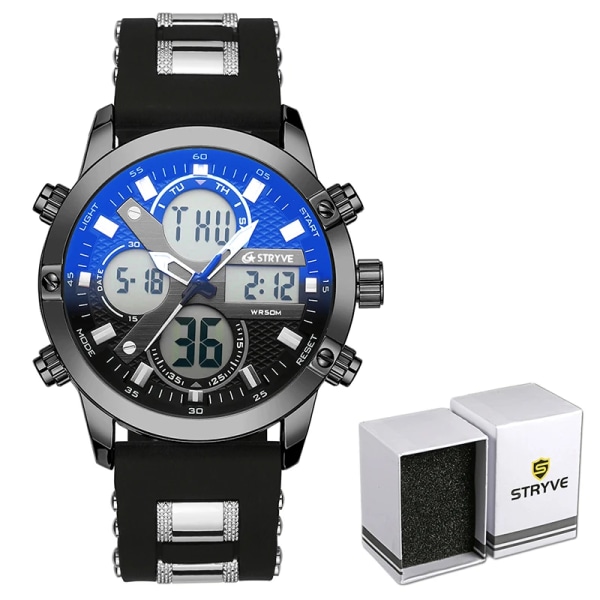 STRYVE 8021 Märke Herr Sportarmbandsklockor Militär gummi- och metallbälte Vattentät Date Week Elektronisk klocka Digital Quartz Watch Black