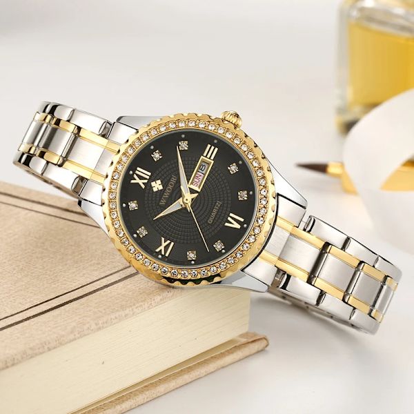WWOOR Damklockor Märke Lyx Diamond Dress Quartz Watch i rostfritt stål Armband för Kvinnlig presentklocka gold gold box