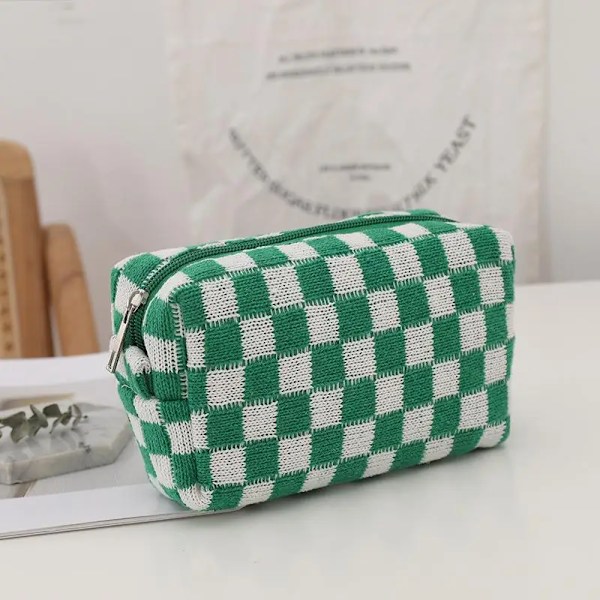 Ins schackbräde stickad kosmetisk väska för kvinnor med stor kapacitet gitter sminkväskor Pläd multifunktionsförvaring Organizer Khaki