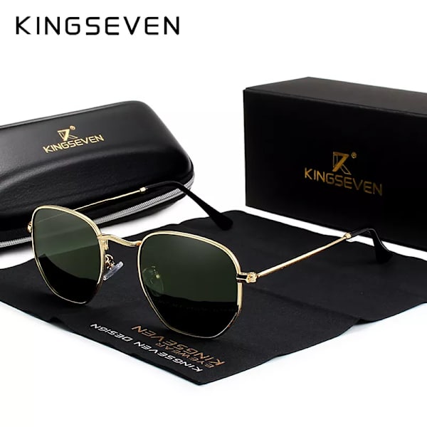 KINGSEVEN 2022 Klassiska reflekterande solglasögon Herr Hexagon Retro Solglasögon Rostfritt stål Glasögon Oculos Gafas De Sol Shades gold green G15 Original