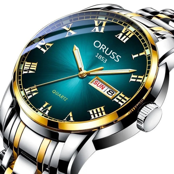 Watch män i rostfritt stål Business Dateklocka Vattentät lysande klockor Herr Lyx Sport Quartz Watch Gold Green