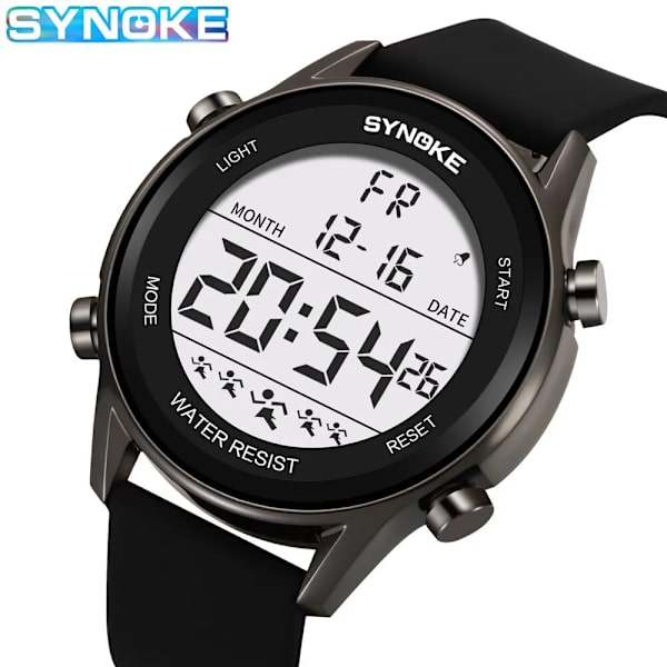 SYNOKE Men Outdoor Sports Multifunktionell Vattentät storskärmsskärm Lysande LED Digital För Män Mode Silicon Watch black