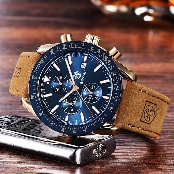 BENYAR Märklockor Märke Lyx Silikonrem Vattentät Sport Kvarts Kronograf Watch Herrklocka Relogio Masculino Silico Gold Black B