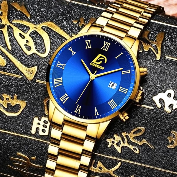 Mode Herr Guld Klockor i rostfritt stål Lyx Minimalistisk Quartz Armbandsur Herr Business Casual Watch Gold Blue