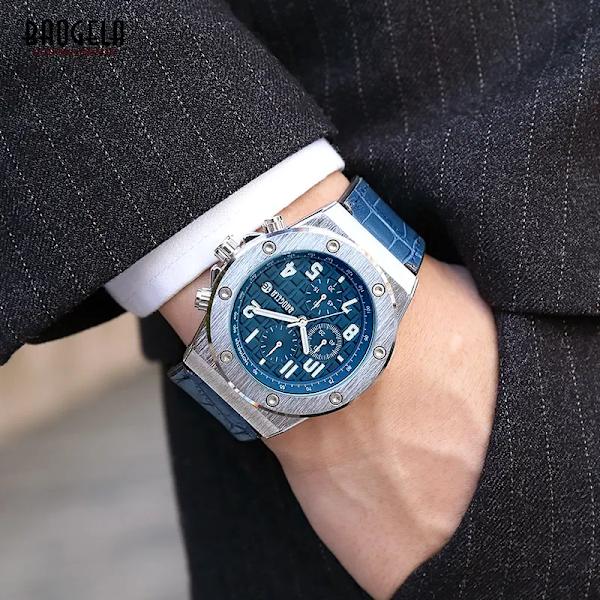 BAOGELA Herr nya kvartsklockor 2019 Vattentät Kronograf Casual Lysande Watch Man Läderrem Relogios 1805 Blå 1805Blue