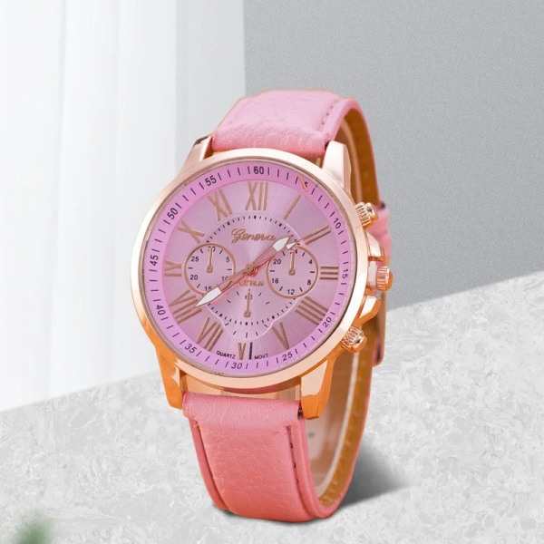 2023 Genève Mode Kvinnor Rosa Läder Klockor Unisex Quartz Watch för Kvinnor Business Casual Watch Relogio Feminino Pink