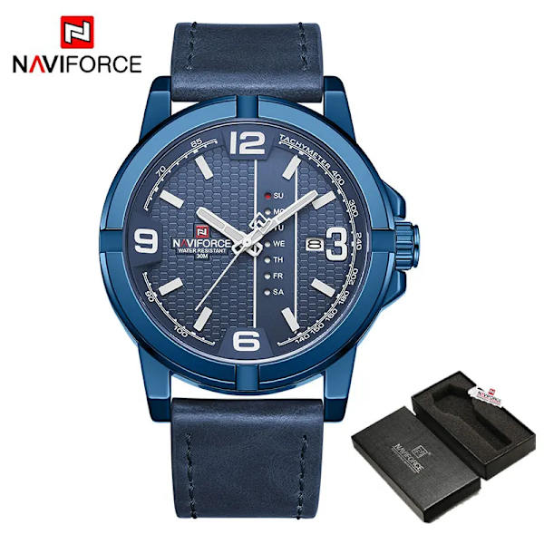 NAVIFORCE Herr Casual Läder 30m Vattentäta klockor Militärsport Man Armbandsur Quartz Kalender Man Klocka Relogio Masculino BEWBE-BOX