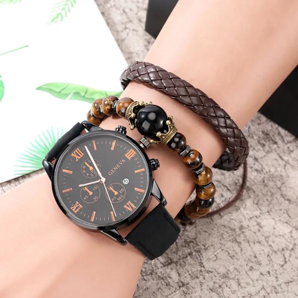 Personlighet Watch Man Svart Watch Herrset Set Läderrem Pin Spänne Brunt Armband Bästa presenterna 2022 Watch Set C