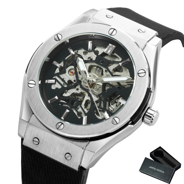 VINNARE Automatisk mekanisk watch för män Gummiband Skeletturtavla Manklocka Militärsportstil Armbandsur BOX SIL-BLK-SILVER