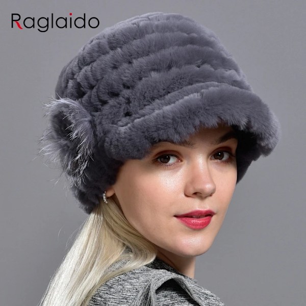 RaglaidoCap Mössor för Kvinnor Vinter FloralRex Hatt Elastiska Mössor Varma Mode Dam Snöhatt Lq11205 grey red