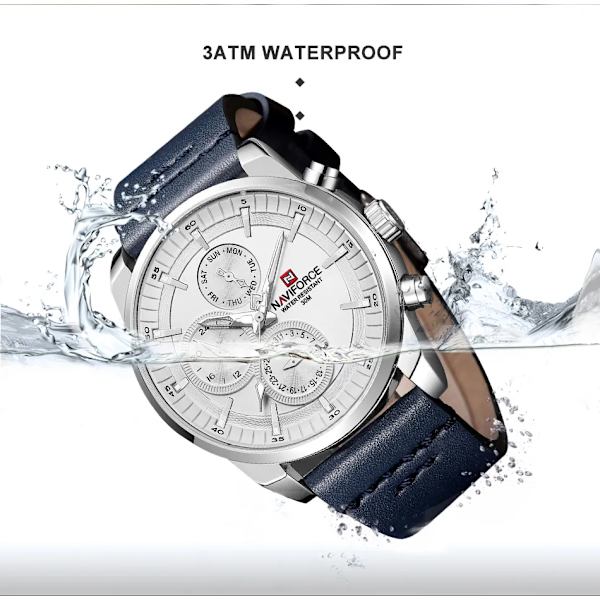Herrklockor NAVIFORCE Toppmärke Lyx Vattentät 24 timmar Date Quartz Watch Man Mode Läder Sport Armbandsur Watch Silver White