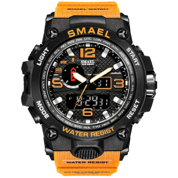 SMAEL Dual Display Digital LED Watch Pointer Typ Quartz Elektriska klockor Relogio Masculino Uomo Sportklocka 1545 ORANGE