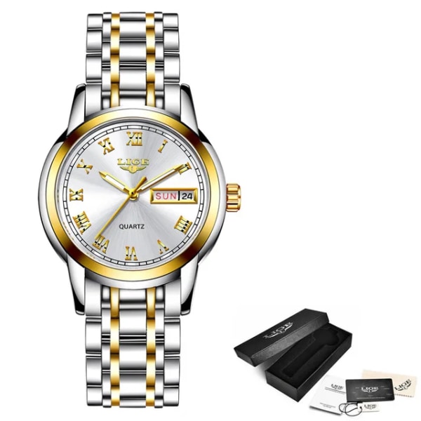 LIGE Mode Damklockor Dam Top Märke Lyx rostfritt stål Kalender Sport Quartz Watch Dam Vattentät watch Gold white