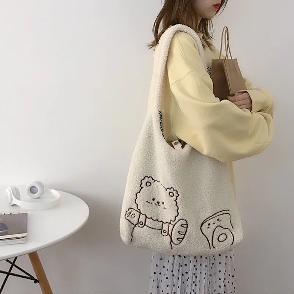 Lammliknande kvinnor Axelväska i canvas Varm plyschtyg Tyg Söt Bear Handväska Mjuk väska Shoppingväskor med stor kapacitet för damer Toast checked