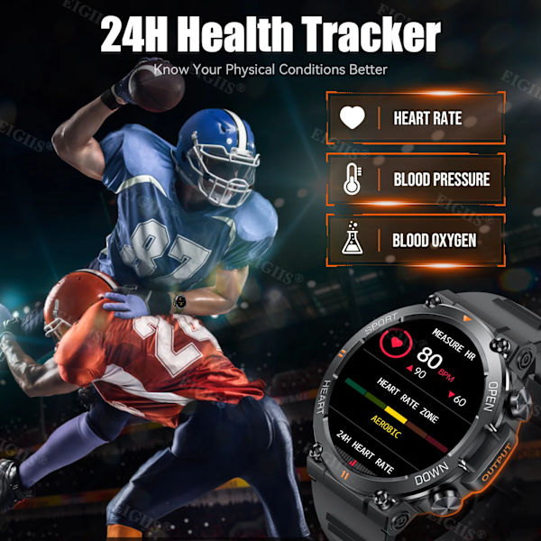 EIGIIS Smart Watch Herr 1,39'' IPS-skärm Bluetooth Call Watch 24 Sportlägen 400mAh batteriklocka Smartwatch For Herr Silicone Khaki Bluetooth Call