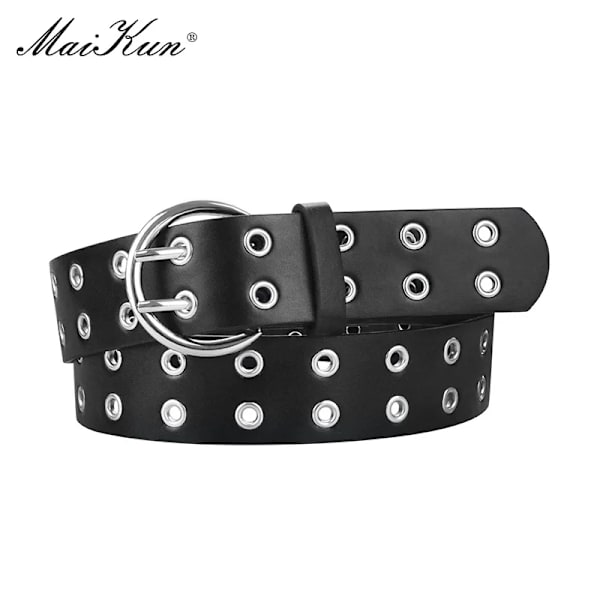 MaiKun Kvinnor Punk Goth Bälten Märke Läder Kvinnor Grunge Bälte Halloween Double Pin Spänne Kvinnlig Bälte för Jeans Streetwear RoundBuckle 100cm