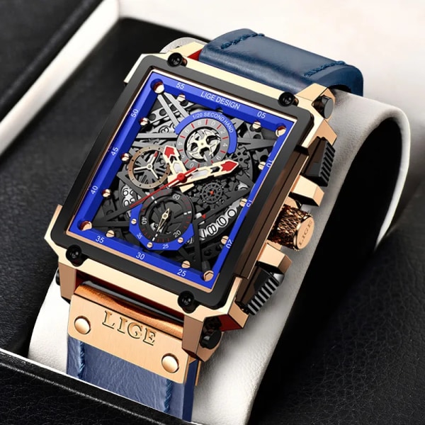2023 nya LIGE Herrklockor Toppmärke Lyx Hollow Square Watch För män Mode Läderrem Vattentät Quartz Armbandsur Silicone blackwhtie