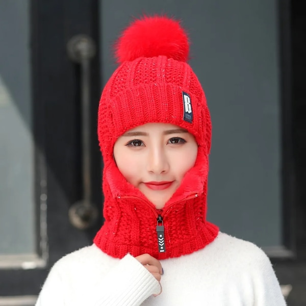 Dam Knittad Hatt Skidhatt Set Vindtät Vinter Utomhus Stickad Tjock Siamese Halsduk Krage Varm Håll Ansiktet Varmare Beanies Hatt Red