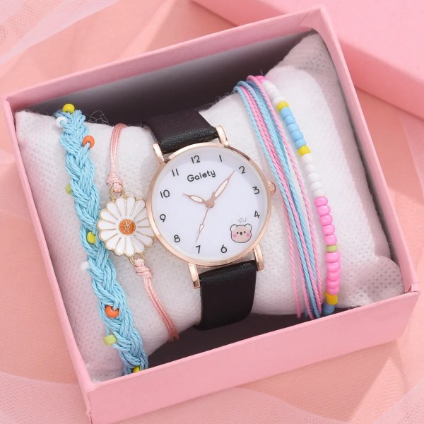 Nytt 5 st Damklocka Watch Set Läder Söt Björn Flickor Armbandsur Mode Dam Quartz Klocka reloj mujer Studentpresent A black