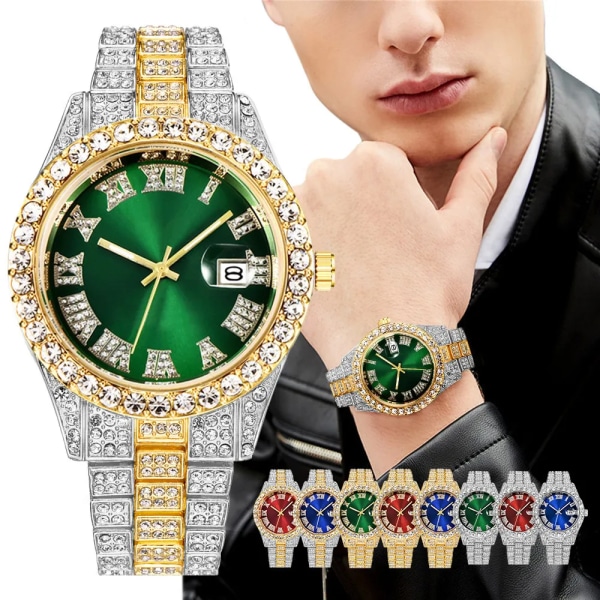 Lyx Herr Watch Guld Rostfritt stål Diamantremskalender Roman Digital Watch Herr Armbandsur Herr Hip Hop Armbandsur V1278-1