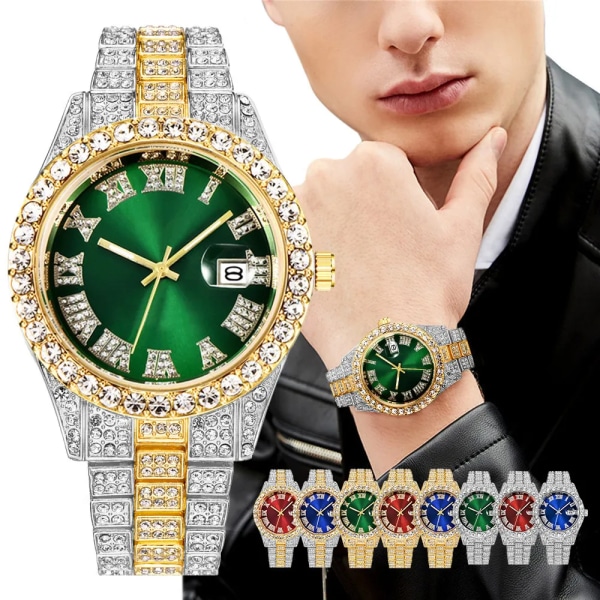 Lyx Herr Watch Guld Rostfritt stål Diamantremskalender Roman Digital Watch Herr Armbandsur Herr Hip Hop Armbandsur V1278-4