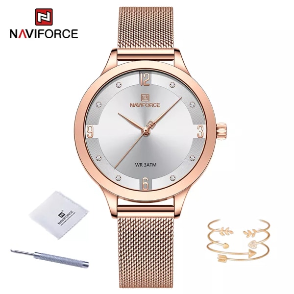 NAVIFORCE modeklockor för kvinnor högkvalitativ kvarts damklocka Mesh rostfritt stål Sliver blå vattentät damarmband RGW