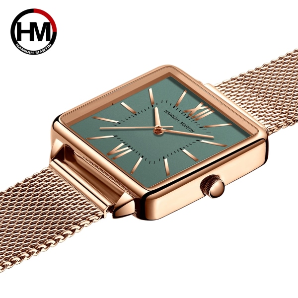 Japan Quartz Movement Grön Urtavla Roman Square Klockor Case Stanless Steel Mode Armbandsur Dam Rose Gold Klockor För Kvinnor 1082BWYY