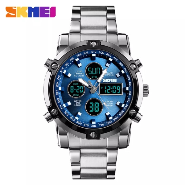 Herrklockor Dual Display LED Digital Vattentät Full Steel Quartz Watch Herrklocka Lyxmärke Relojes SKMEI 2018 Blue