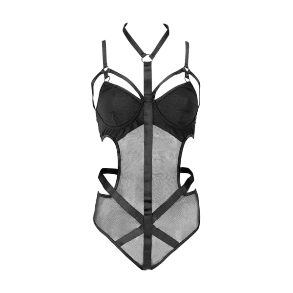 Varsbaby Sexig Body Hollow Out Strap Halter-neck mesh ett stycke underkläder för kvinnor Black L