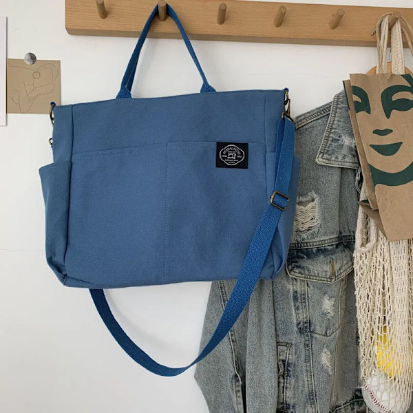 Hylhexyr Dam Retro Stora Väskor Bomulls Canvas Axelväska Mode Crossbody Handväska Dragkedja Casual Tote Multi Pocket Blue