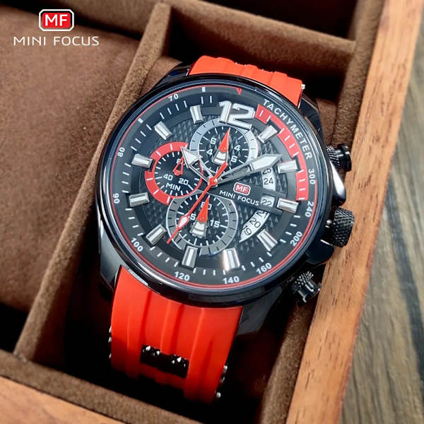 MINI FOCUS Röd watch för män Mode Lyx Chronograph Quartz Armbandsur med silikonband Lysande visare Datum Vattentät 0350 0350Rose black